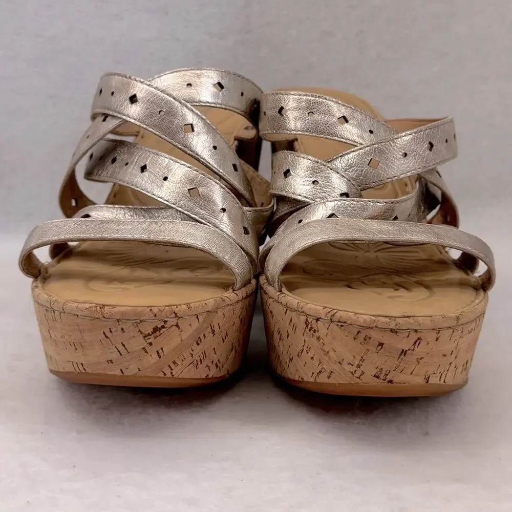 EUC Born Cork Wedges Sandals Leather Pewter size 12 4.5” Heels Strappy